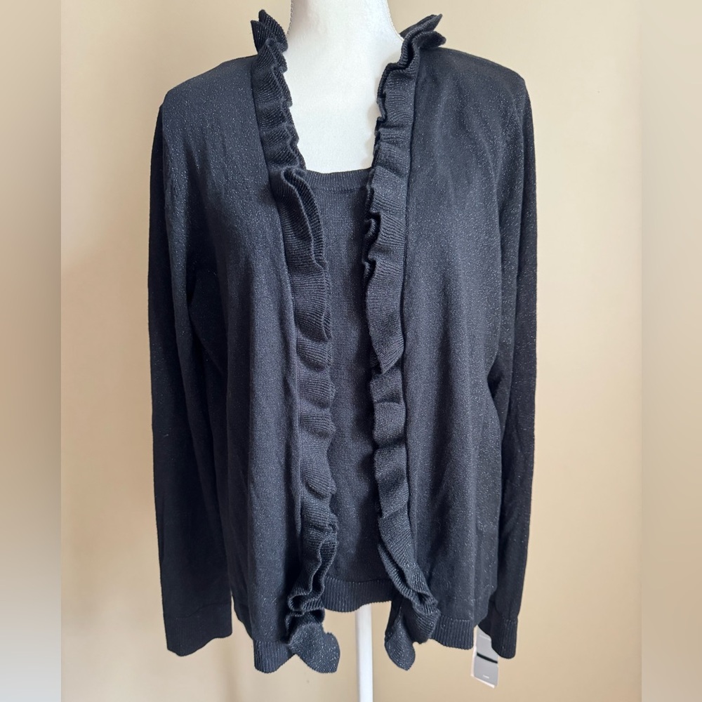 Charter Club Holiday Inn Faux Tank Ruffle Cardigan in Deep Black Silver Metallic